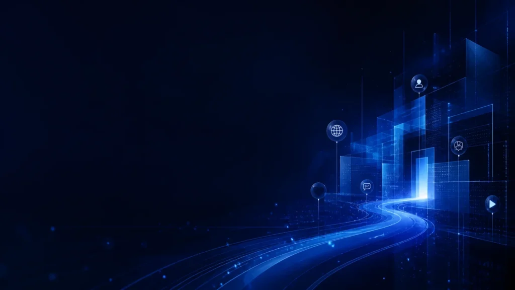 Red luminosa que conecta web, marca y redes sociales en un sistema digital coherente