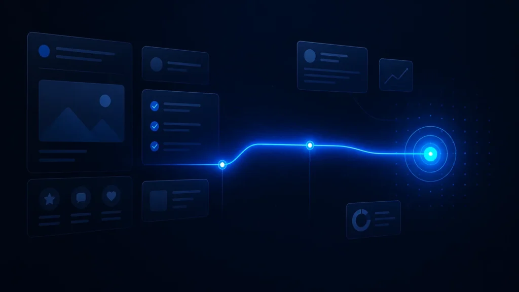 Interfaz modular con un recorrido de luz azul hacia una conversión